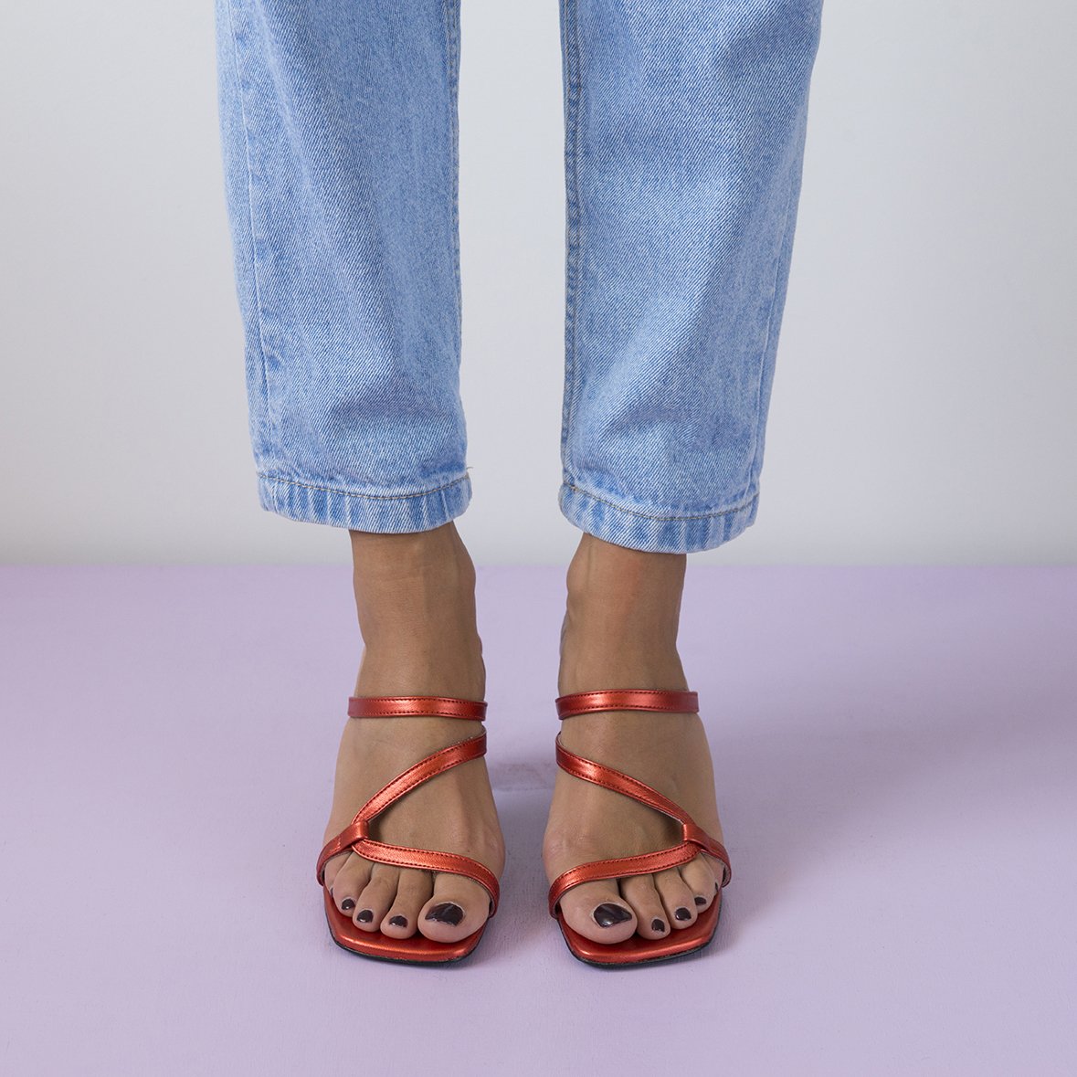 LILY Orange shoes featuring metallic leather upper, thin straps, and square cut toes, handcrafted in Portugal.